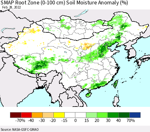 China, Mongolia and Taiwan SMAP Root Zone (0-100 cm) Soil Moisture Anomaly (%) Thematic Map For 2/26/2022 - 2/28/2022