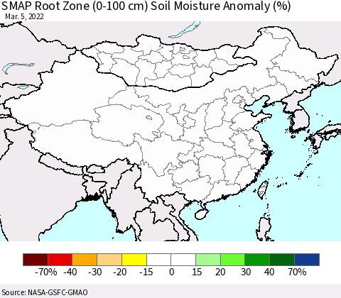 China, Mongolia and Taiwan SMAP Root Zone (0-100 cm) Soil Moisture Anomaly (%) Thematic Map For 3/1/2022 - 3/5/2022