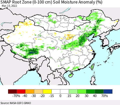 China, Mongolia and Taiwan SMAP Root Zone (0-100 cm) Soil Moisture Anomaly (%) Thematic Map For 3/11/2022 - 3/15/2022