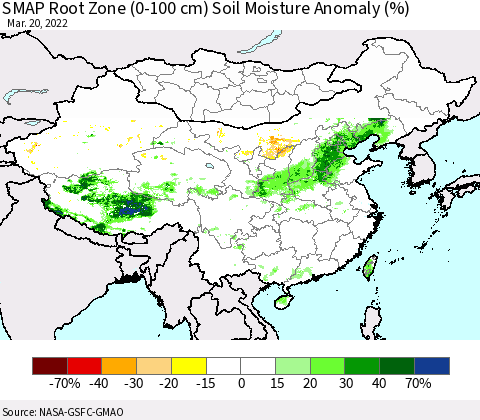 China, Mongolia and Taiwan SMAP Root Zone (0-100 cm) Soil Moisture Anomaly (%) Thematic Map For 3/16/2022 - 3/20/2022