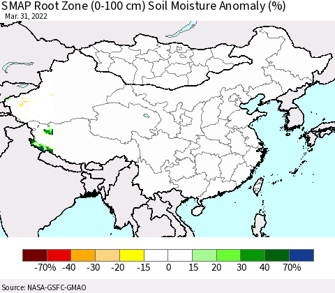 China, Mongolia and Taiwan SMAP Root Zone (0-100 cm) Soil Moisture Anomaly (%) Thematic Map For 3/26/2022 - 3/31/2022