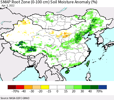 China, Mongolia and Taiwan SMAP Root Zone (0-100 cm) Soil Moisture Anomaly (%) Thematic Map For 4/1/2022 - 4/5/2022