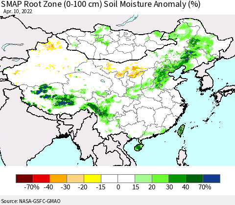 China, Mongolia and Taiwan SMAP Root Zone (0-100 cm) Soil Moisture Anomaly (%) Thematic Map For 4/6/2022 - 4/10/2022