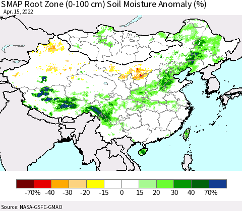 China, Mongolia and Taiwan SMAP Root Zone (0-100 cm) Soil Moisture Anomaly (%) Thematic Map For 4/11/2022 - 4/15/2022