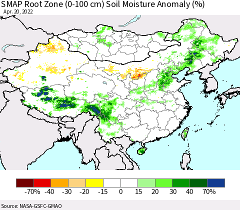 China, Mongolia and Taiwan SMAP Root Zone (0-100 cm) Soil Moisture Anomaly (%) Thematic Map For 4/16/2022 - 4/20/2022