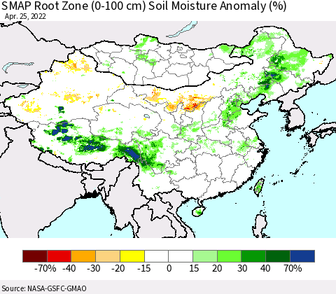 China, Mongolia and Taiwan SMAP Root Zone (0-100 cm) Soil Moisture Anomaly (%) Thematic Map For 4/21/2022 - 4/25/2022