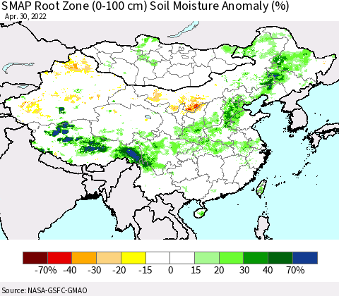 China, Mongolia and Taiwan SMAP Root Zone (0-100 cm) Soil Moisture Anomaly (%) Thematic Map For 4/26/2022 - 4/30/2022
