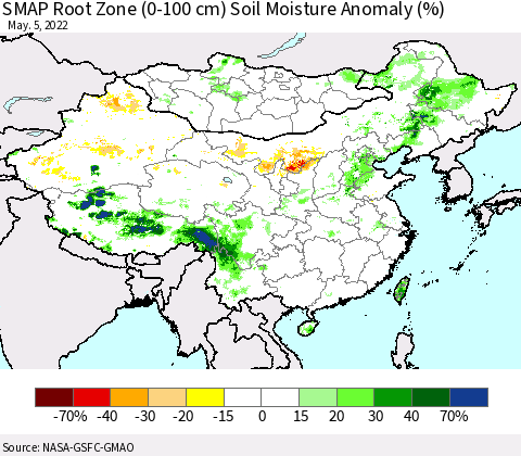 China, Mongolia and Taiwan SMAP Root Zone (0-100 cm) Soil Moisture Anomaly (%) Thematic Map For 5/1/2022 - 5/5/2022
