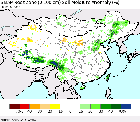 China, Mongolia and Taiwan SMAP Root Zone (0-100 cm) Soil Moisture Anomaly (%) Thematic Map For 5/6/2022 - 5/10/2022