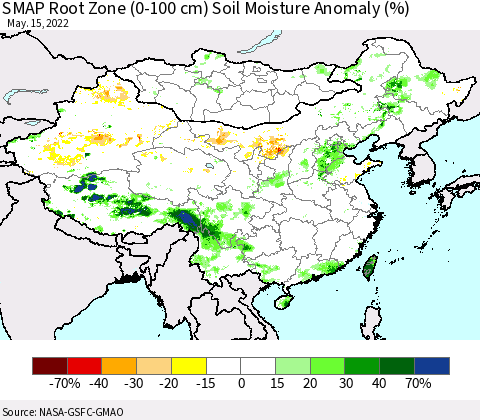 China, Mongolia and Taiwan SMAP Root Zone (0-100 cm) Soil Moisture Anomaly (%) Thematic Map For 5/11/2022 - 5/15/2022
