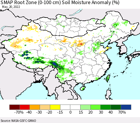 China, Mongolia and Taiwan SMAP Root Zone (0-100 cm) Soil Moisture Anomaly (%) Thematic Map For 5/16/2022 - 5/20/2022
