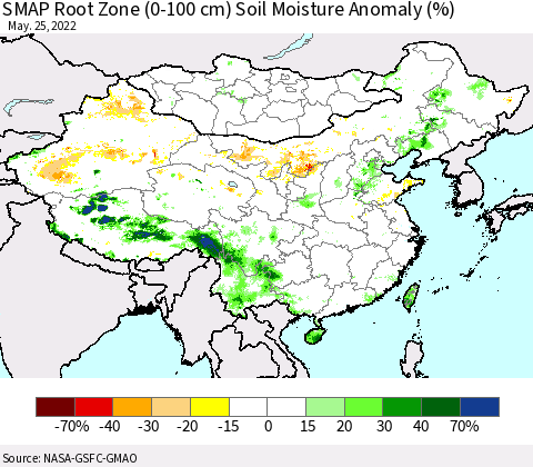 China, Mongolia and Taiwan SMAP Root Zone (0-100 cm) Soil Moisture Anomaly (%) Thematic Map For 5/21/2022 - 5/25/2022
