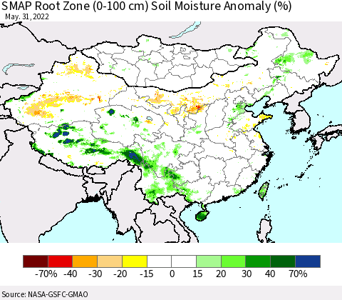 China, Mongolia and Taiwan SMAP Root Zone (0-100 cm) Soil Moisture Anomaly (%) Thematic Map For 5/26/2022 - 5/31/2022