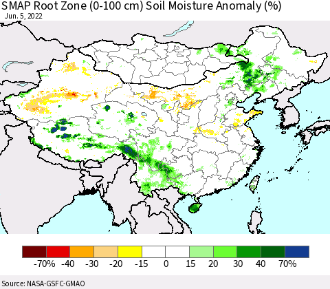 China, Mongolia and Taiwan SMAP Root Zone (0-100 cm) Soil Moisture Anomaly (%) Thematic Map For 6/1/2022 - 6/5/2022