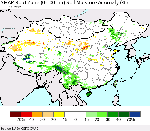 China, Mongolia and Taiwan SMAP Root Zone (0-100 cm) Soil Moisture Anomaly (%) Thematic Map For 6/6/2022 - 6/10/2022