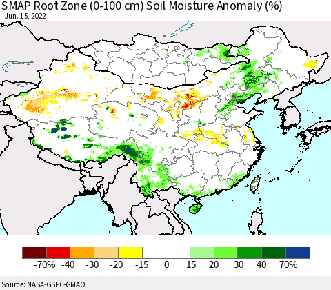 China, Mongolia and Taiwan SMAP Root Zone (0-100 cm) Soil Moisture Anomaly (%) Thematic Map For 6/11/2022 - 6/15/2022