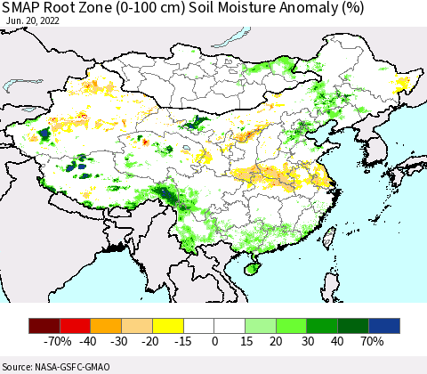 China, Mongolia and Taiwan SMAP Root Zone (0-100 cm) Soil Moisture Anomaly (%) Thematic Map For 6/16/2022 - 6/20/2022