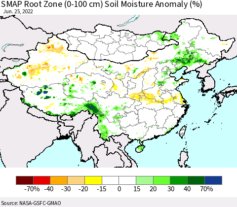 China, Mongolia and Taiwan SMAP Root Zone (0-100 cm) Soil Moisture Anomaly (%) Thematic Map For 6/21/2022 - 6/25/2022