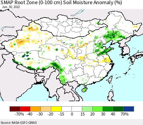 China, Mongolia and Taiwan SMAP Root Zone (0-100 cm) Soil Moisture Anomaly (%) Thematic Map For 6/26/2022 - 6/30/2022