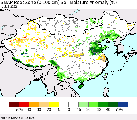 China, Mongolia and Taiwan SMAP Root Zone (0-100 cm) Soil Moisture Anomaly (%) Thematic Map For 7/1/2022 - 7/5/2022