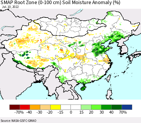 China, Mongolia and Taiwan SMAP Root Zone (0-100 cm) Soil Moisture Anomaly (%) Thematic Map For 7/6/2022 - 7/10/2022