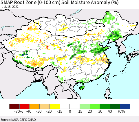China, Mongolia and Taiwan SMAP Root Zone (0-100 cm) Soil Moisture Anomaly (%) Thematic Map For 7/11/2022 - 7/15/2022