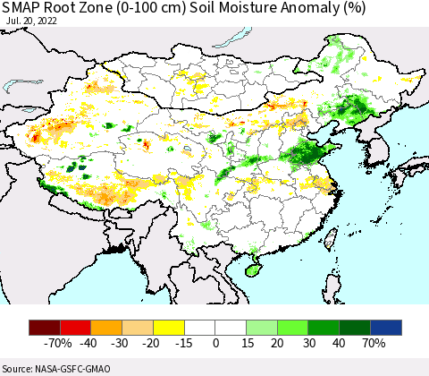 China, Mongolia and Taiwan SMAP Root Zone (0-100 cm) Soil Moisture Anomaly (%) Thematic Map For 7/16/2022 - 7/20/2022