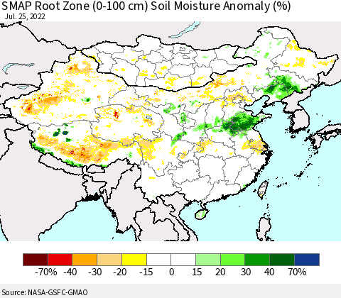 China, Mongolia and Taiwan SMAP Root Zone (0-100 cm) Soil Moisture Anomaly (%) Thematic Map For 7/21/2022 - 7/25/2022