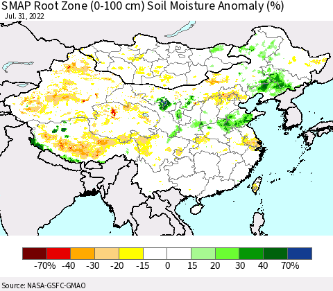 China, Mongolia and Taiwan SMAP Root Zone (0-100 cm) Soil Moisture Anomaly (%) Thematic Map For 7/26/2022 - 7/31/2022