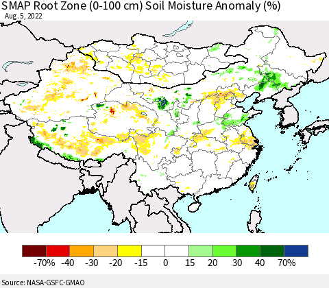 China, Mongolia and Taiwan SMAP Root Zone (0-100 cm) Soil Moisture Anomaly (%) Thematic Map For 8/1/2022 - 8/5/2022