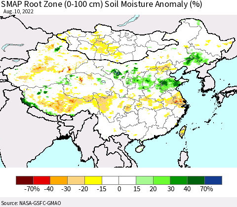 China, Mongolia and Taiwan SMAP Root Zone (0-100 cm) Soil Moisture Anomaly (%) Thematic Map For 8/6/2022 - 8/10/2022