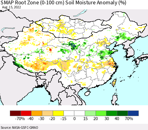 China, Mongolia and Taiwan SMAP Root Zone (0-100 cm) Soil Moisture Anomaly (%) Thematic Map For 8/11/2022 - 8/15/2022