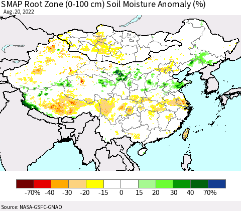China, Mongolia and Taiwan SMAP Root Zone (0-100 cm) Soil Moisture Anomaly (%) Thematic Map For 8/16/2022 - 8/20/2022