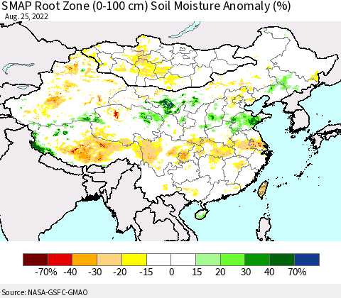 China, Mongolia and Taiwan SMAP Root Zone (0-100 cm) Soil Moisture Anomaly (%) Thematic Map For 8/21/2022 - 8/25/2022