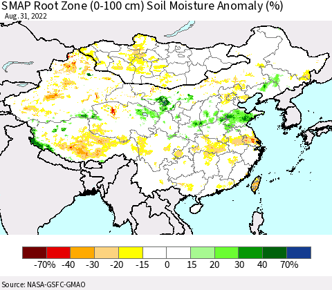 China, Mongolia and Taiwan SMAP Root Zone (0-100 cm) Soil Moisture Anomaly (%) Thematic Map For 8/26/2022 - 8/31/2022