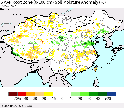 China, Mongolia and Taiwan SMAP Root Zone (0-100 cm) Soil Moisture Anomaly (%) Thematic Map For 9/1/2022 - 9/5/2022