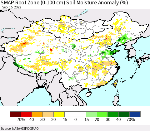 China, Mongolia and Taiwan SMAP Root Zone (0-100 cm) Soil Moisture Anomaly (%) Thematic Map For 9/11/2022 - 9/15/2022