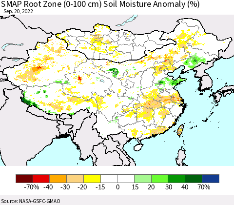 China, Mongolia and Taiwan SMAP Root Zone (0-100 cm) Soil Moisture Anomaly (%) Thematic Map For 9/16/2022 - 9/20/2022