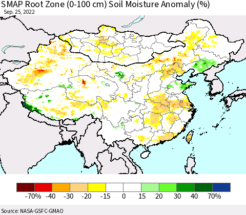 China, Mongolia and Taiwan SMAP Root Zone (0-100 cm) Soil Moisture Anomaly (%) Thematic Map For 9/21/2022 - 9/25/2022