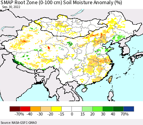 China, Mongolia and Taiwan SMAP Root Zone (0-100 cm) Soil Moisture Anomaly (%) Thematic Map For 9/26/2022 - 9/30/2022