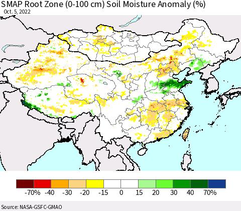 China, Mongolia and Taiwan SMAP Root Zone (0-100 cm) Soil Moisture Anomaly (%) Thematic Map For 10/1/2022 - 10/5/2022
