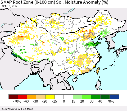 China, Mongolia and Taiwan SMAP Root Zone (0-100 cm) Soil Moisture Anomaly (%) Thematic Map For 10/6/2022 - 10/10/2022