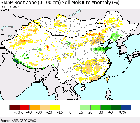China, Mongolia and Taiwan SMAP Root Zone (0-100 cm) Soil Moisture Anomaly (%) Thematic Map For 10/11/2022 - 10/15/2022