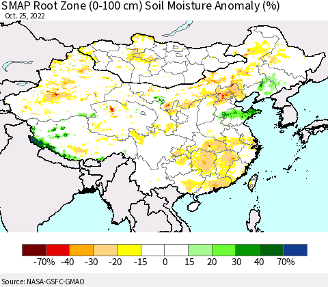 China, Mongolia and Taiwan SMAP Root Zone (0-100 cm) Soil Moisture Anomaly (%) Thematic Map For 10/21/2022 - 10/25/2022
