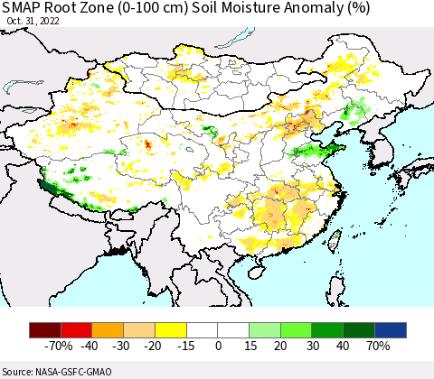 China, Mongolia and Taiwan SMAP Root Zone (0-100 cm) Soil Moisture Anomaly (%) Thematic Map For 10/26/2022 - 10/31/2022