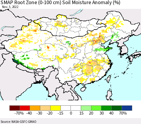 China, Mongolia and Taiwan SMAP Root Zone (0-100 cm) Soil Moisture Anomaly (%) Thematic Map For 11/1/2022 - 11/5/2022