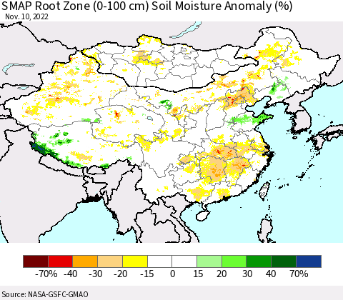 China, Mongolia and Taiwan SMAP Root Zone (0-100 cm) Soil Moisture Anomaly (%) Thematic Map For 11/6/2022 - 11/10/2022