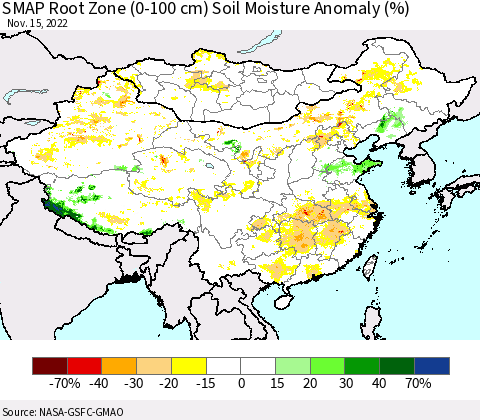 China, Mongolia and Taiwan SMAP Root Zone (0-100 cm) Soil Moisture Anomaly (%) Thematic Map For 11/11/2022 - 11/15/2022