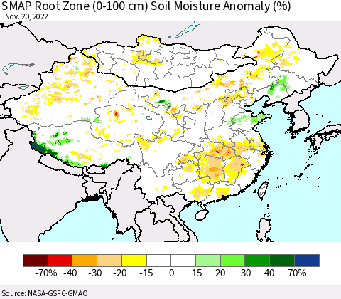 China, Mongolia and Taiwan SMAP Root Zone (0-100 cm) Soil Moisture Anomaly (%) Thematic Map For 11/16/2022 - 11/20/2022