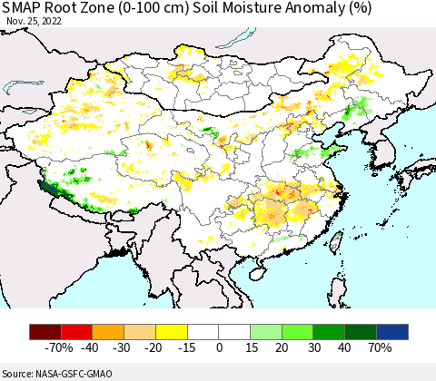 China, Mongolia and Taiwan SMAP Root Zone (0-100 cm) Soil Moisture Anomaly (%) Thematic Map For 11/21/2022 - 11/25/2022